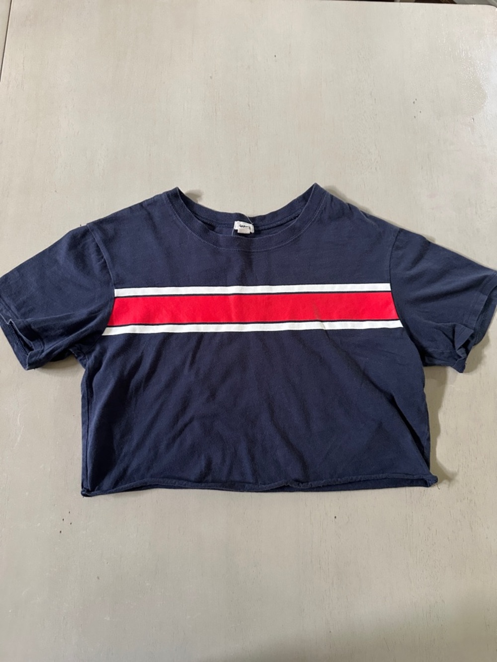 Garage Navy Cropped Tee with Red and White Stripe